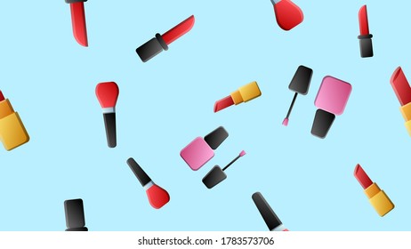 Hand drawn cosmetics seamless pattern. Nail polish, mascara, lipstick, eye shadows, brush, powder, lip gloss, hearts. Pink background.