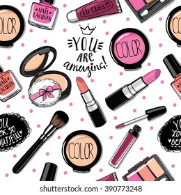 Hand drawn cosmetics seamless pattern. Nail polish, mascara, lipstick, eye shadows, brush, powder,  lip gloss, handwritten lettering