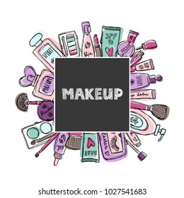 Hand drawn cosmetics set. Beauty and makeup. The image has a mask applied.