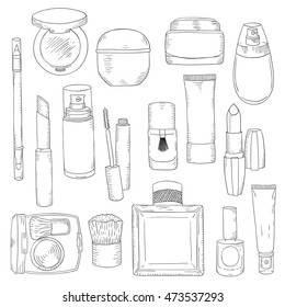 Hand drawn cosmetics set. Beauty and makeup. Sketch