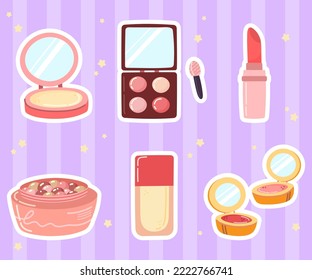 Hand drawn cosmetics set. Cute make up products. Lipstick, eye shadow, powder. Colorful vector illustrations.