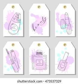 Hand drawn cosmetics set of gift tags. Beauty and makeup. Sketch