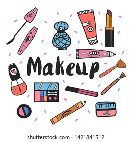 Hand drawn cosmetics set. Illustration of lipstick, mascara, powder, face care. Makeup set of icons.