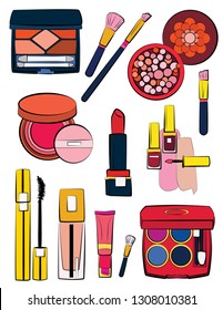 
Hand drawn cosmetics set. Make up, mascara, lipstick, eye shadows, brush, powder, lip gloss, perfume - Fashion illustration vector