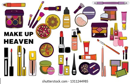 
Hand drawn cosmetics set. Make up, mascara, lipstick, eye shadows, brush, powder, lip gloss, perfume - Fashion illustration vector