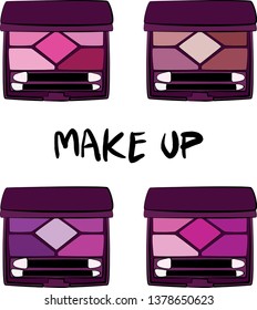 
Hand drawn cosmetics set. Make up, pink violet eye shadows, brush - Fashion illustration vector