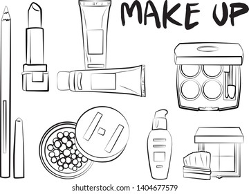 
Hand drawn cosmetics set. Make up, mascara, lipstick, eye shadows, brush, powder, lip gloss, perfume - Fashion illustration vector