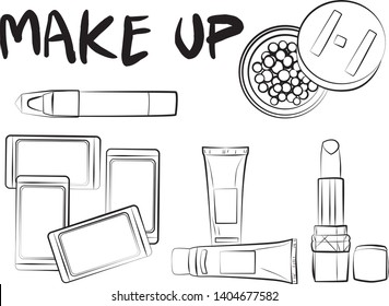 
Hand drawn cosmetics set. Make up, mascara, lipstick, eye shadows, brush, powder, lip gloss, perfume - Fashion illustration vector