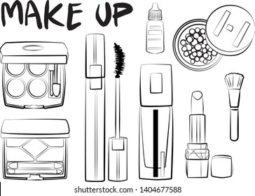 
Hand drawn cosmetics set. Make up, mascara, lipstick, eye shadows, brush, powder, lip gloss, perfume - Fashion illustration vector