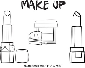 
Hand drawn cosmetics set. Make up, mascara, lipstick, eye shadows, brush, powder, lip gloss, perfume - Fashion illustration vector