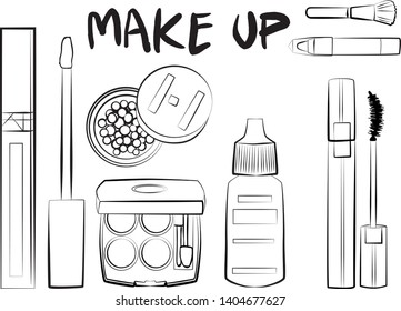 
Hand drawn cosmetics set. Make up, mascara, lipstick, eye shadows, brush, powder, lip gloss, perfume - Fashion illustration vector