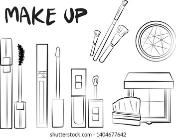 
Hand drawn cosmetics set. Make up, mascara, lipstick, eye shadows, brush, powder, lip gloss, perfume - Fashion illustration vector