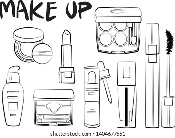 
Hand drawn cosmetics set. Make up, mascara, lipstick, eye shadows, brush, powder, lip gloss, perfume - Fashion illustration vector