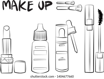 
Hand drawn cosmetics set. Make up, mascara, lipstick, eye shadows, brush, powder, lip gloss, perfume - Fashion illustration vector