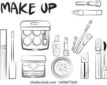 
Hand drawn cosmetics set. Make up, mascara, lipstick, eye shadows, brush, powder, lip gloss, perfume - Fashion illustration vector