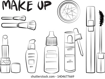 
Hand drawn cosmetics set. Make up, mascara, lipstick, eye shadows, brush, powder, lip gloss, perfume - Fashion illustration vector