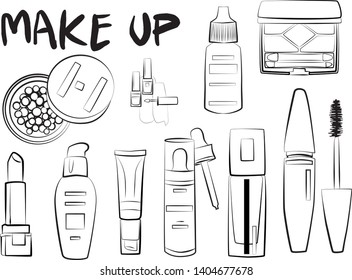 
Hand drawn cosmetics set. Make up, mascara, lipstick, eye shadows, brush, powder, lip gloss, perfume - Fashion illustration vector