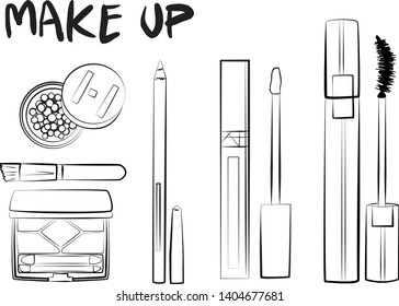
Hand drawn cosmetics set. Make up, mascara, lipstick, eye shadows, brush, powder, lip gloss, perfume - Fashion illustration vector
