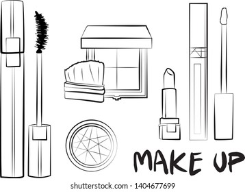 
Hand drawn cosmetics set. Make up, mascara, lipstick, eye shadows, brush, powder, lip gloss, perfume - Fashion illustration vector