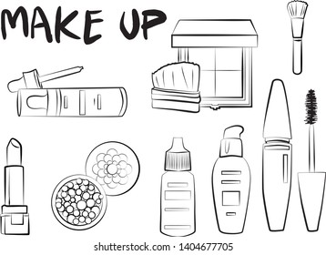 
Hand drawn cosmetics set. Make up, mascara, lipstick, eye shadows, brush, powder, lip gloss, perfume - Fashion illustration vector