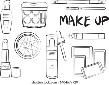 
Hand drawn cosmetics set. Make up, mascara, lipstick, eye shadows, brush, powder, lip gloss, perfume - Fashion illustration vector