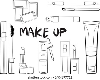 
Hand drawn cosmetics set. Make up, mascara, lipstick, eye shadows, brush, powder, lip gloss, perfume - Fashion illustration vector