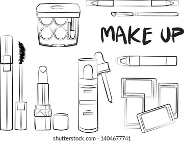 
Hand drawn cosmetics set. Make up, mascara, lipstick, eye shadows, brush, powder, lip gloss, perfume - Fashion illustration vector