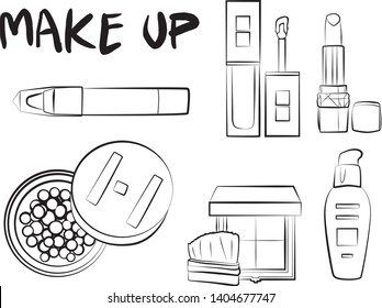 
Hand drawn cosmetics set. Make up, mascara, lipstick, eye shadows, brush, powder, lip gloss, perfume - Fashion illustration vector