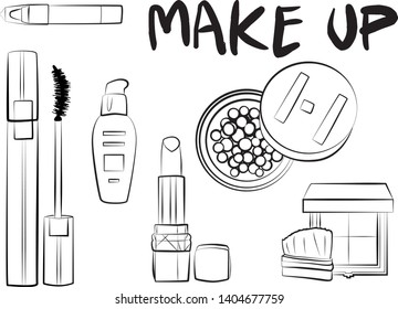 
Hand drawn cosmetics set. Make up, mascara, lipstick, eye shadows, brush, powder, lip gloss, perfume - Fashion illustration vector