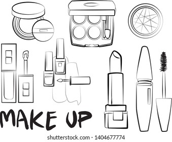 
Hand drawn cosmetics set. Make up, mascara, lipstick, eye shadows, brush, powder, lip gloss, perfume - Fashion illustration vector