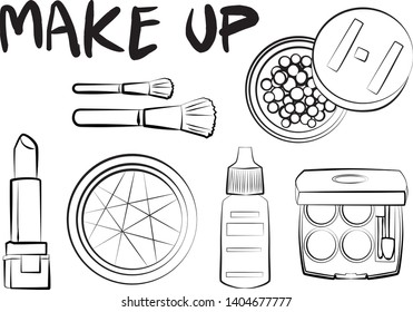 
Hand drawn cosmetics set. Make up, mascara, lipstick, eye shadows, brush, powder, lip gloss, perfume - Fashion illustration vector