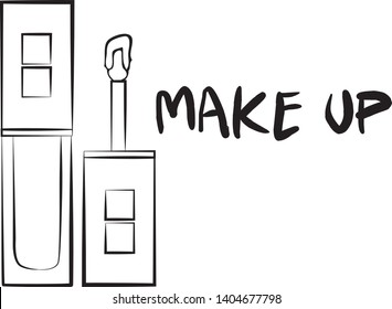 
Hand drawn cosmetics set. Make up, mascara, lipstick, eye shadows, brush, powder, lip gloss, perfume - Fashion illustration vector