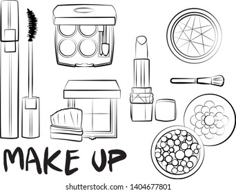 
Hand drawn cosmetics set. Make up, mascara, lipstick, eye shadows, brush, powder, lip gloss, perfume - Fashion illustration vector