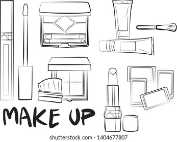 Hand drawn cosmetics set. Make up, mascara, lipstick, eye shadows, brush, powder, lip gloss, perfume - Fashion illustration vector