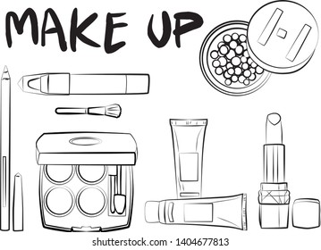 
Hand drawn cosmetics set. Make up, mascara, lipstick, eye shadows, brush, powder, lip gloss, perfume - Fashion illustration vector