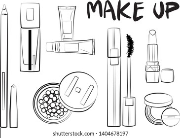 
Hand drawn cosmetics set. Make up, mascara, lipstick, eye shadows, brush, powder, lip gloss, perfume - Fashion illustration vector