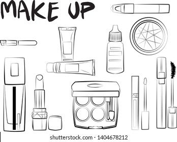 
Hand drawn cosmetics set. Make up, mascara, lipstick, eye shadows, brush, powder, lip gloss, perfume - Fashion illustration vector