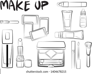 
Hand drawn cosmetics set. Make up, mascara, lipstick, eye shadows, brush, powder, lip gloss, perfume - Fashion illustration vector