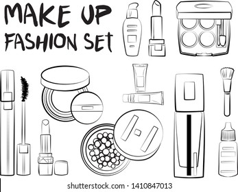 Hand drawn cosmetics set. Make up, mascara, lipstick, eye shadows, brush, powder, lip gloss, perfume - Fashion illustration vector. Beauty Make up Fashion Girl Day Doodle Icons Hand Made
