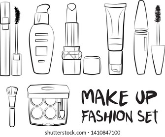Hand drawn cosmetics set. Make up, mascara, lipstick, eye shadows, brush, powder, lip gloss, perfume - Fashion illustration vector. Beauty Make up Fashion Girl Day Doodle Icons Hand Made

