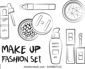 Hand drawn cosmetics set. Make up, mascara, lipstick, eye shadows, brush, powder, lip gloss, perfume - Fashion illustration vector. Beauty Make up Fashion Girl Day Doodle Icons Hand Made
