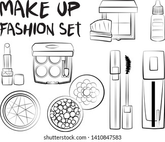 Hand drawn cosmetics set. Make up, mascara, lipstick, eye shadows, brush, powder, lip gloss, perfume - Fashion illustration vector. Beauty Make up Fashion Girl Day Doodle Icons Hand Made
