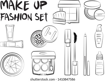 Hand drawn cosmetics set. Make up, mascara, lipstick, eye shadows, brush, powder, lip gloss, perfume - Fashion illustration vector. Beauty Make up Fashion Girl Day Doodle Icons Hand Made
