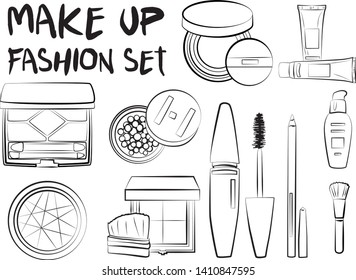 Hand drawn cosmetics set. Make up, mascara, lipstick, eye shadows, brush, powder, lip gloss, perfume - Fashion illustration vector. Beauty Make up Fashion Girl Day Doodle Icons Hand Made
