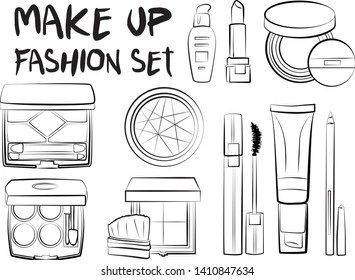 Hand drawn cosmetics set. Make up, mascara, lipstick, eye shadows, brush, powder, lip gloss, perfume - Fashion illustration vector. Beauty Make up Fashion Girl Day Doodle Icons Hand Made
