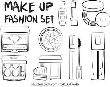 Hand drawn cosmetics set. Make up, mascara, lipstick, eye shadows, brush, powder, lip gloss, perfume - Fashion illustration vector. Beauty Make up Fashion Girl Day Doodle Icons Hand Made
