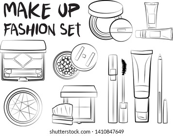 Hand drawn cosmetics set. Make up, mascara, lipstick, eye shadows, brush, powder, lip gloss, perfume - Fashion illustration vector. Beauty Make up Fashion Girl Day Doodle Icons Hand Made

