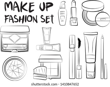 Hand drawn cosmetics set. Make up, mascara, lipstick, eye shadows, brush, powder, lip gloss, perfume - Fashion illustration vector. Beauty Make up Fashion Girl Day Doodle Icons Hand Made
