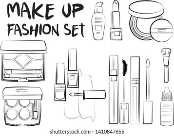 Hand drawn cosmetics set. Make up, mascara, lipstick, eye shadows, brush, powder, lip gloss, perfume - Fashion illustration vector. Beauty Make up Fashion Girl Day Doodle Icons Hand Made
