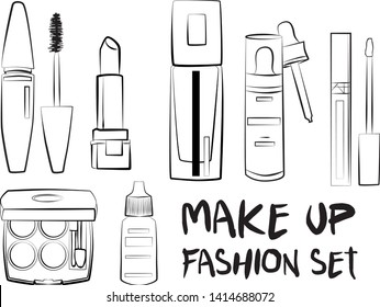 Hand drawn cosmetics set. Make up, mascara, lipstick, eye shadows, brush, powder, lip gloss, perfume - Fashion illustration vector. Beauty Make up Fashion Girl Day Doodle Icons Hand Made